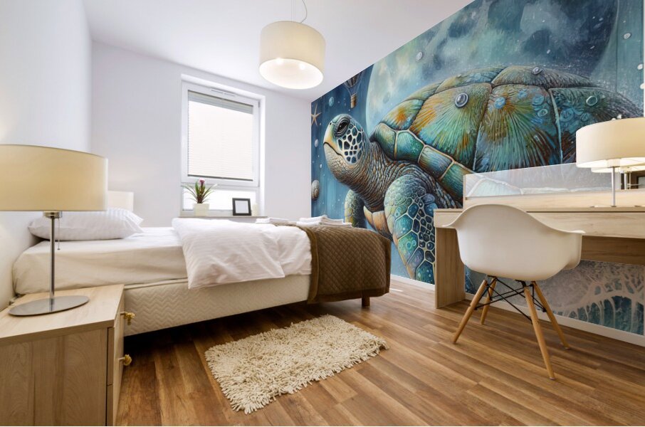 324 Mixed media painting of a whimsical sea turtl Mural print