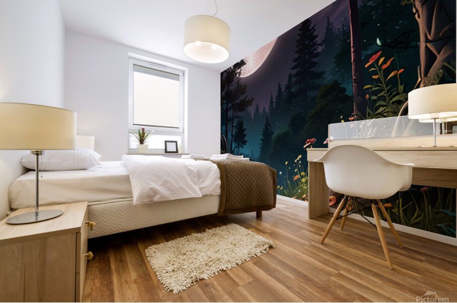 A forest filled with vibrant flowers and lush greenery all lit by the soft glow of the moon.  Mural print