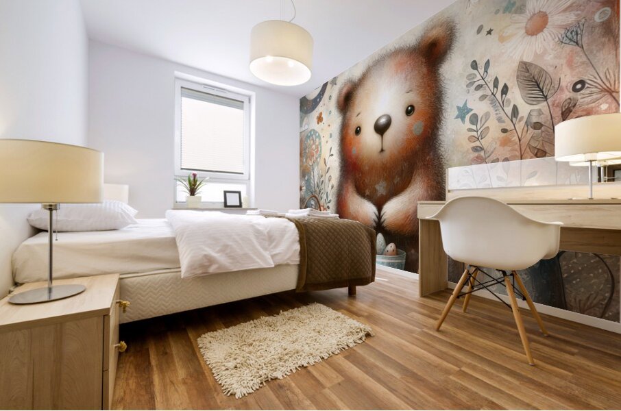 350 Mixed media painting of a whimsical bear Mural print