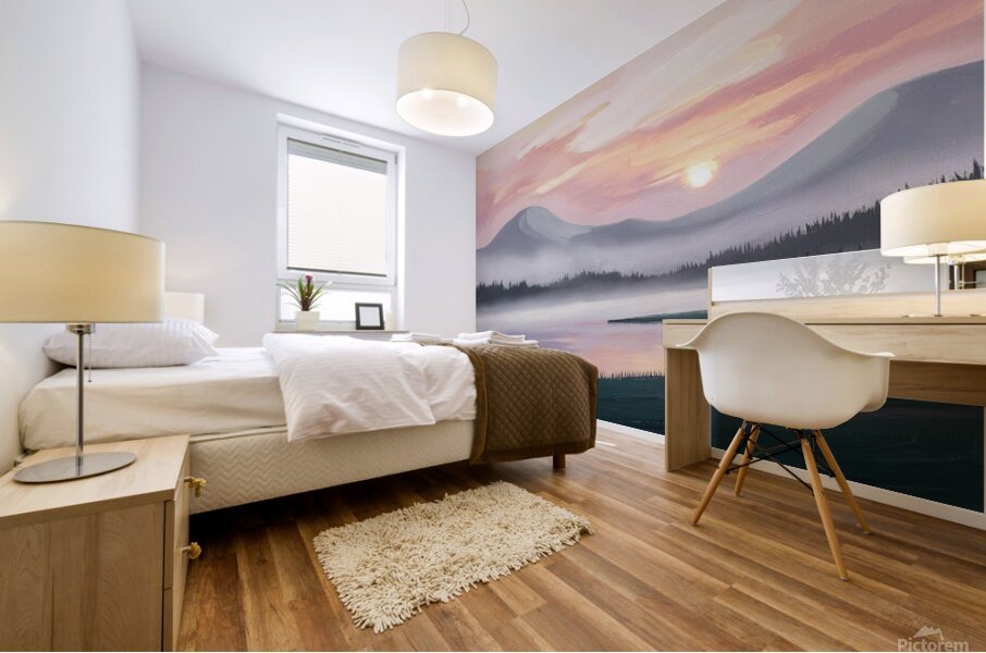 A misty mountain range and a tranquil lake at sunrise Mural print