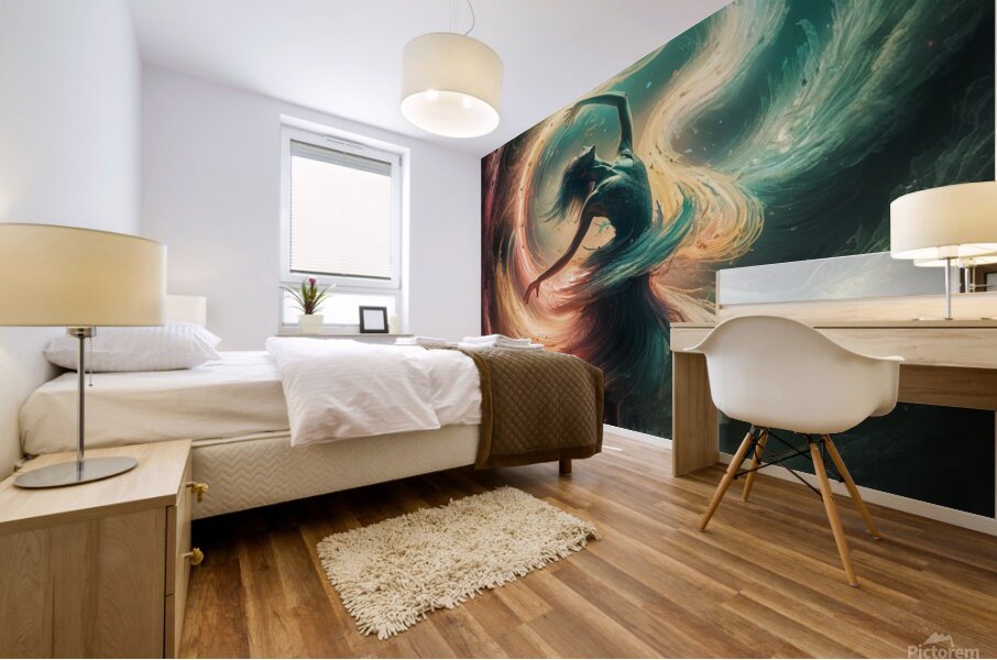 The harmony of light and shadow in a womans dance where colors meet in a mosaic of colors and feelings. Mural print