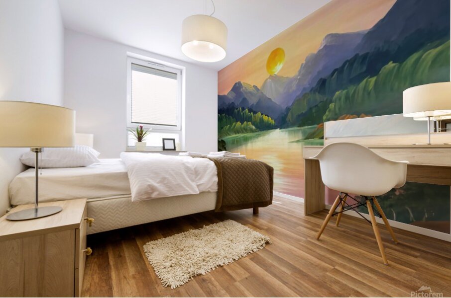 A stunning landscape scene with a vibrant sunset over a serene lake surrounded by towering mountains Mural print
