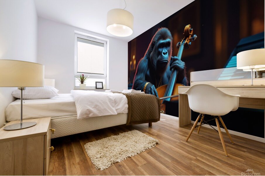 Cello playing gorilla with gold Mural print