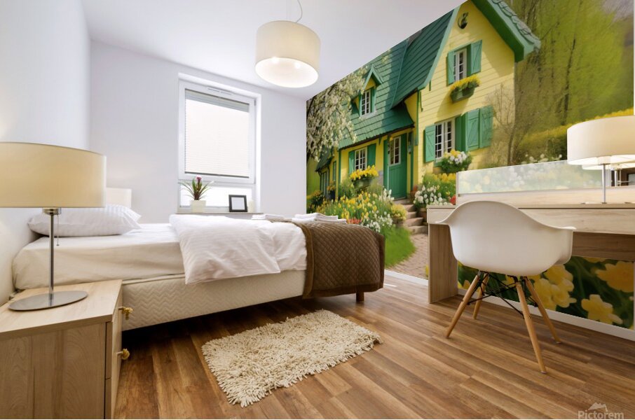 romantic april cottage with flowers in green and Mural print