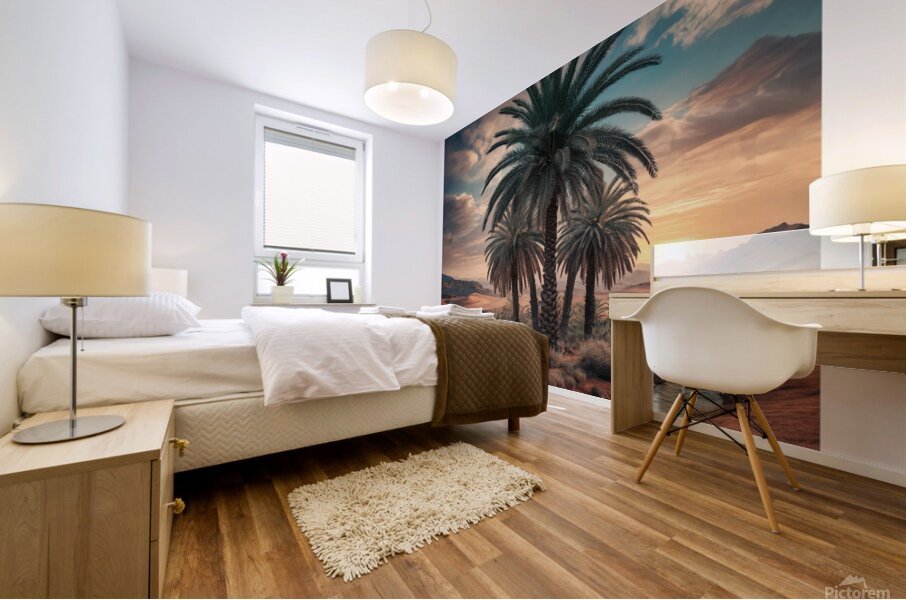 A charming picture of a palm tree in the desert Mural print