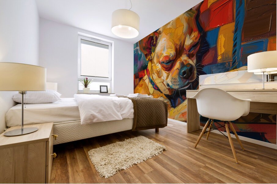 A beautiful chahuahua lying on owner in the sof 7 Mural print