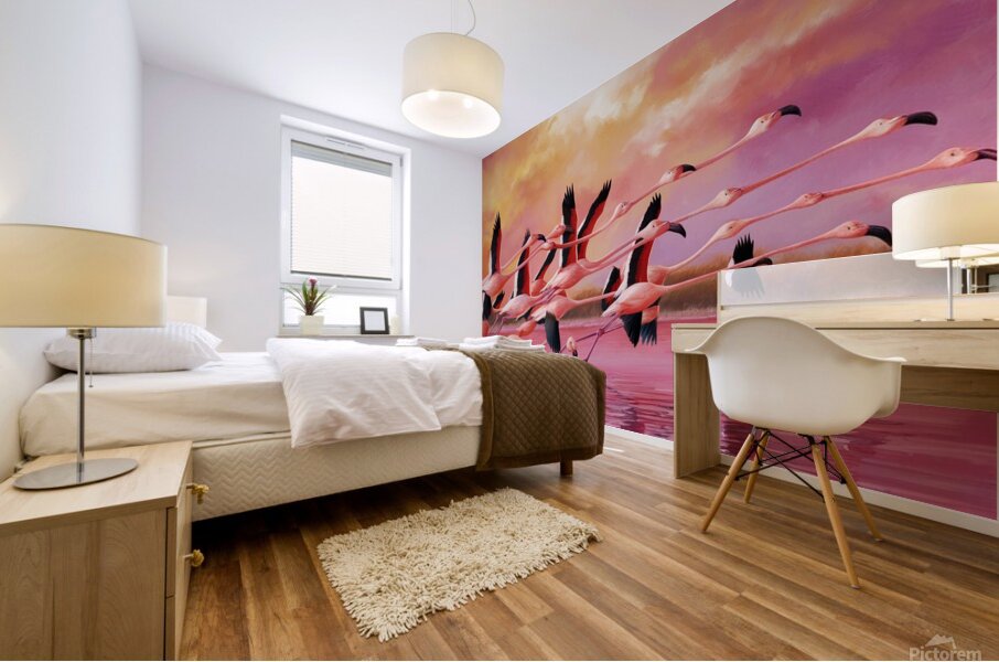 A colorful flock of flamingos taking flight from a pink lake their wings outstretched against the vibrant backdrop. Mural print