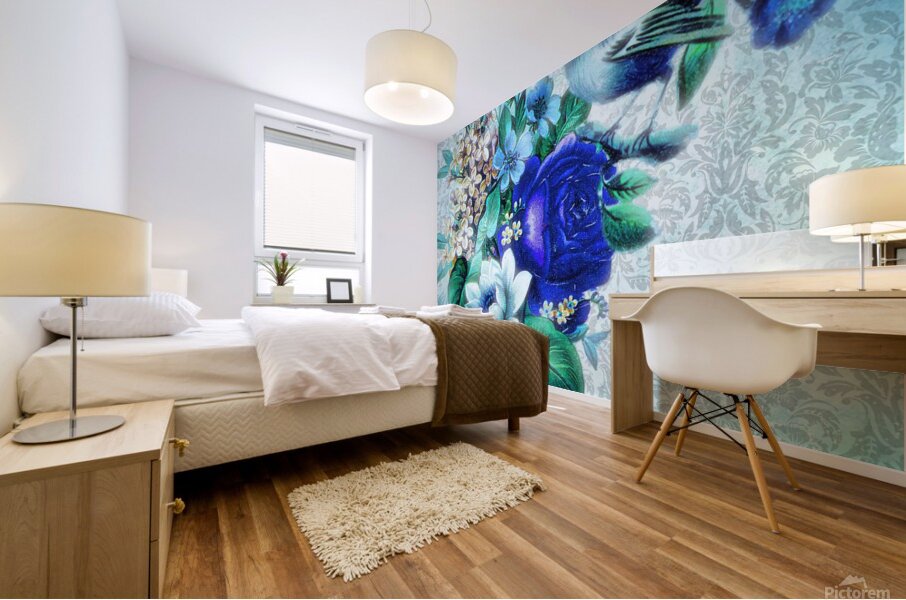 flower bird cyano Mural print