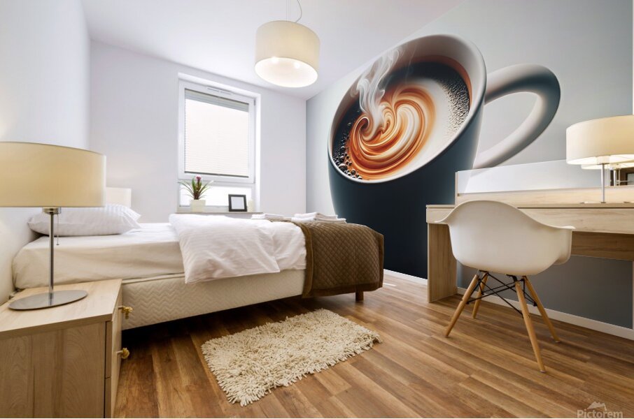 A meticulously crafted cup of coffee adorned with captivating foam art. Mural print