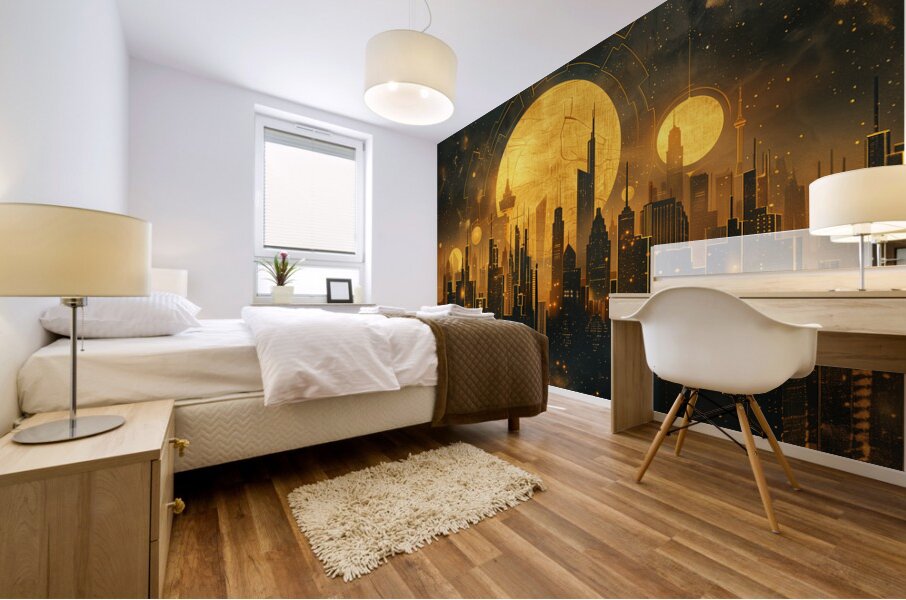 A celestial cityscape where skyscrapers and lan f Mural print
