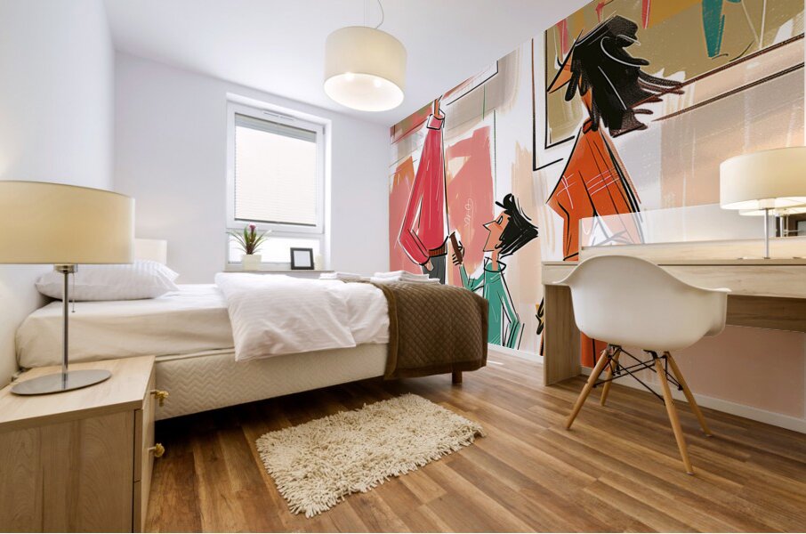 a family is visiting art museum in style of All c Mural print