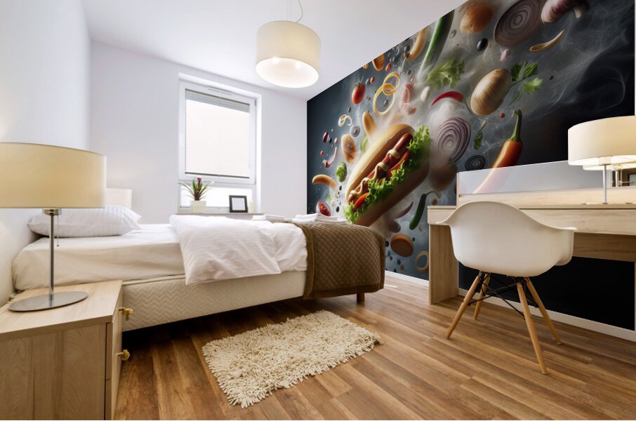 150 Creative food concept. Delicious hotdog bun w Mural print