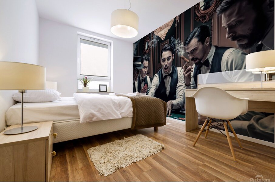 a captivating image of a group of five card playe Mural print