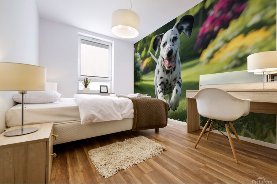 Lively runner: A Dalmatian sprinting happily through a park. Mural print