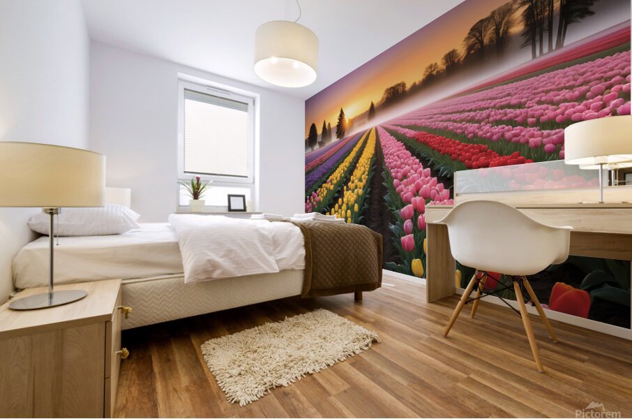Beautiful Red and Yellow Tulips with sunrise and Clouds Mural print