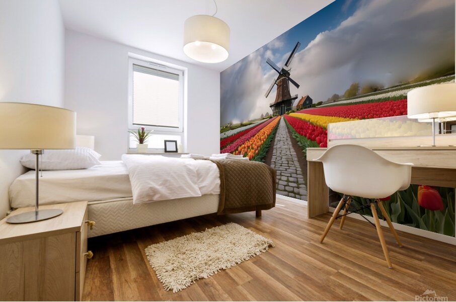 Beautiful Red and Yellow Tulips with sunrise with Windmill   Mural print