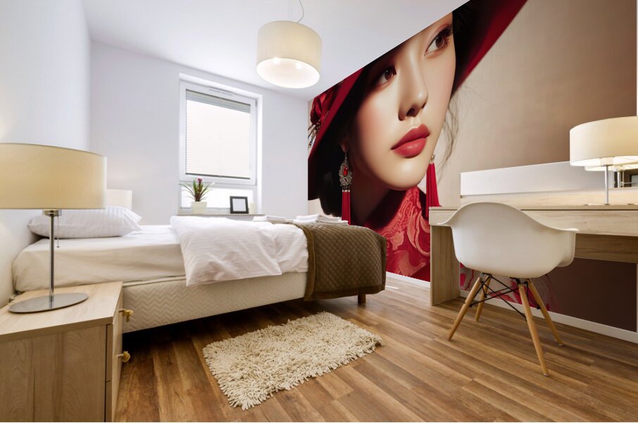 54 Elegant Woman in Red Hat and Scarf Mural print