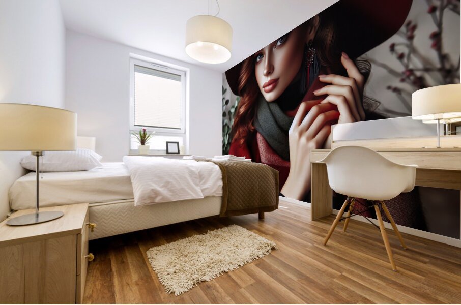 53 Elegant Woman in Red Hat and Scarf Mural print
