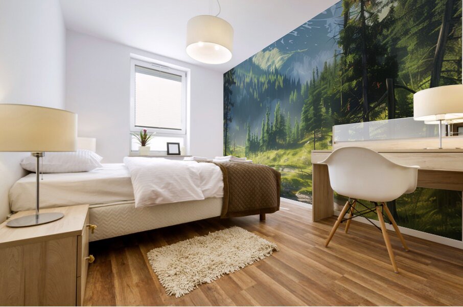 A tranquil mountain stream winds through the fo b Mural print