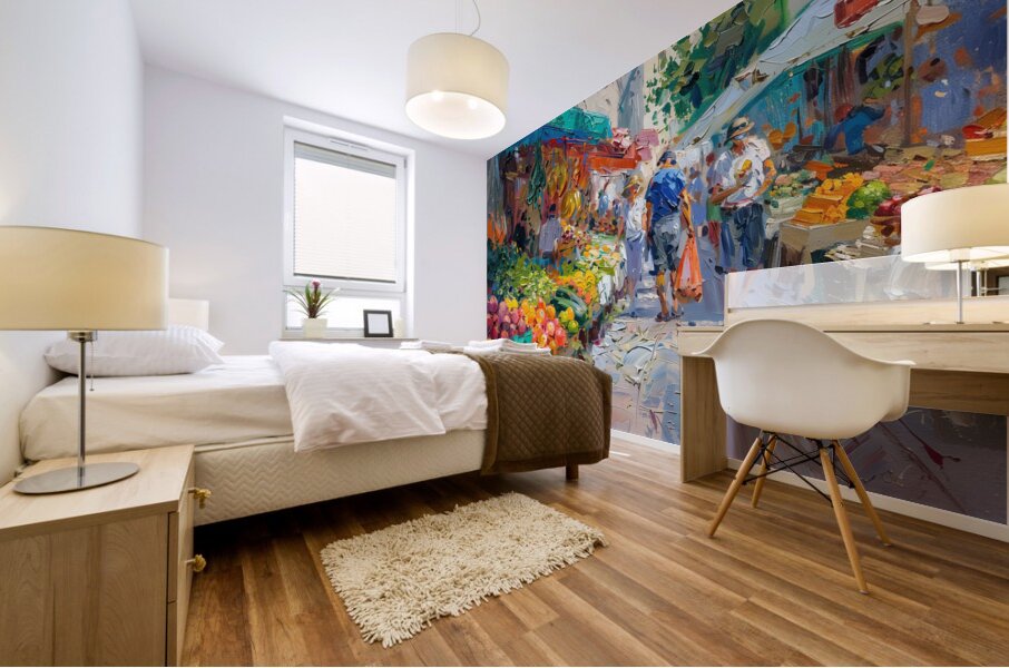 A vibrant market scene bustling with activity w f Mural print