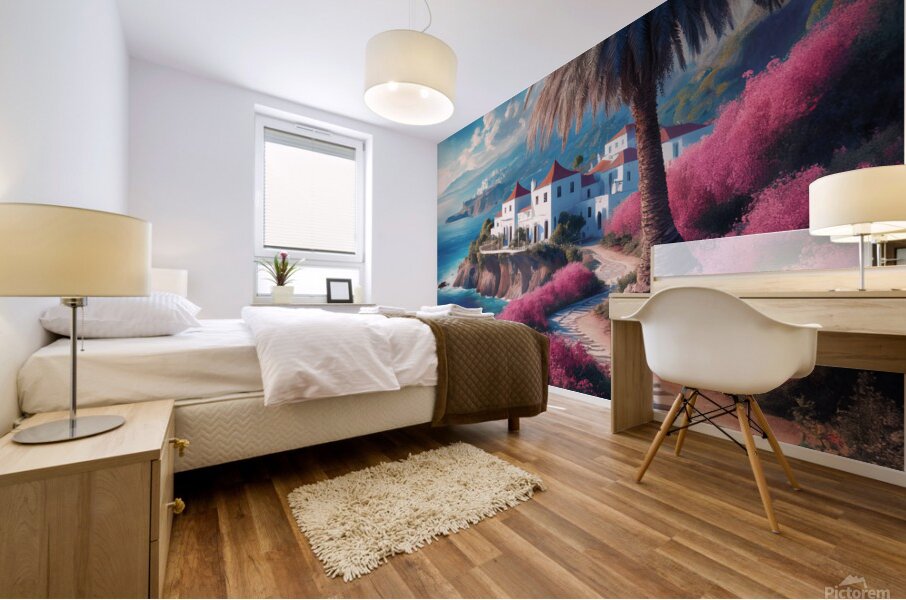 Tranquil coastal scene A tall palm tree stands prominently on the beach Mural print