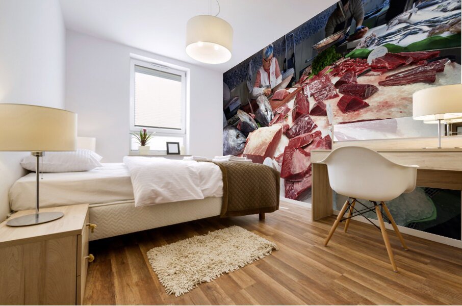 Barcelona. Catalonia. Spain. The Mercat de Sant Josep de la Boqueria. Tuna fish at fishmonger stall Mural print