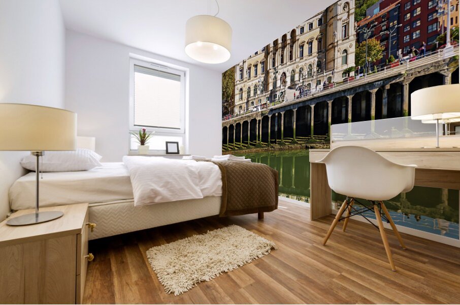 Bilbao Biscay Spain. Historical buildings by Nervion River Mural print