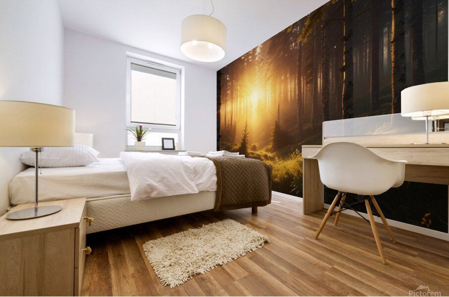 Golden Hour Over a Peaceful Forest amazing serene landscape Mural print