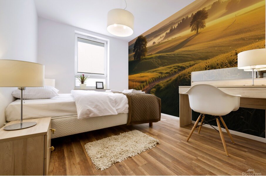 Golden Hour Over a Serene Countryside amazing serene landscape Mural print