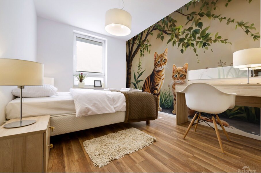 Default A high-quality wall painting depicts a cat and its kitten under the shade of a tree Mural print