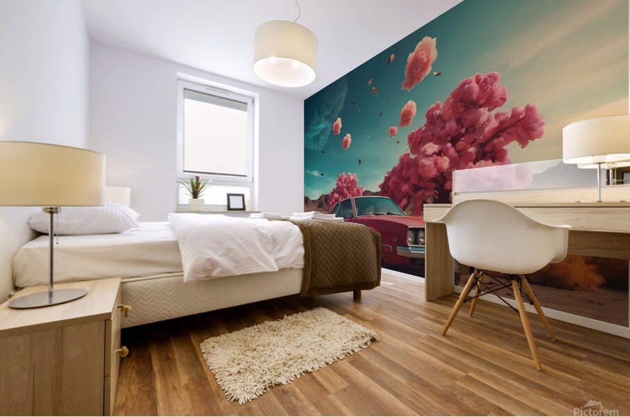 A luxury car in the pink wilderness Mural print