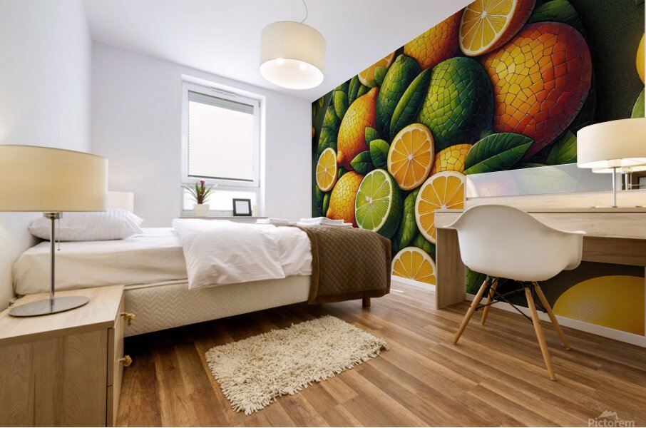 A vibrant mosaic of fresh lemons and leaves Mural print