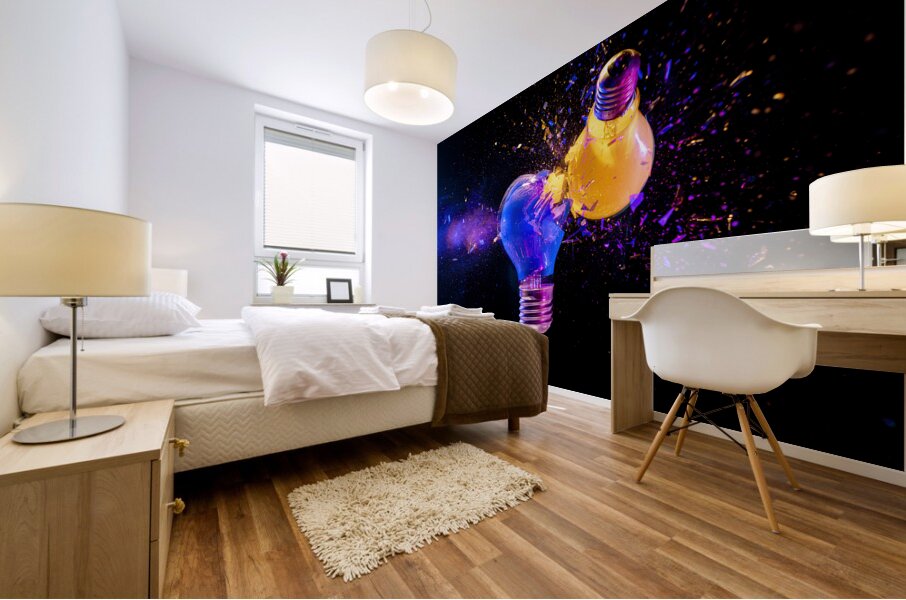 Two colorful light bulbs exploding in a cloud of shards Mural print