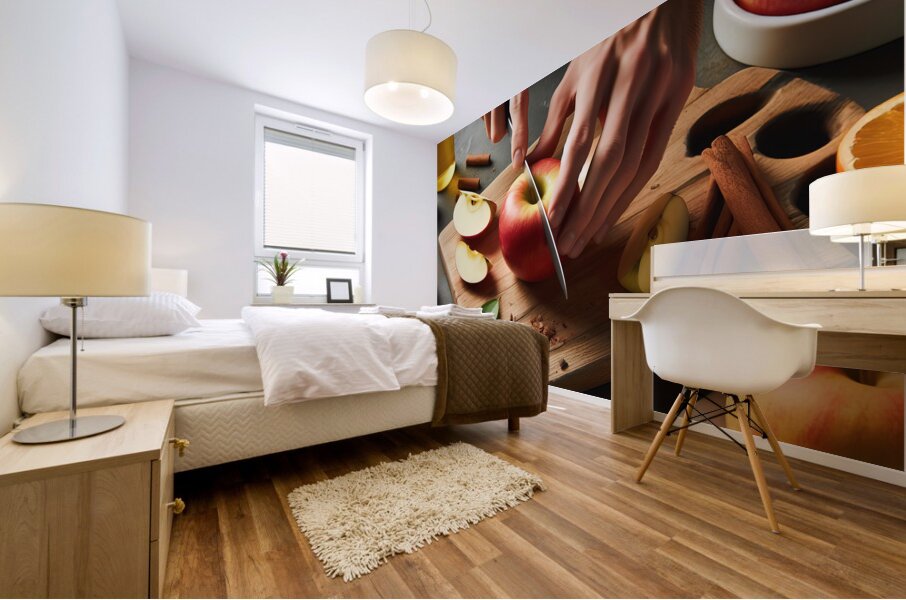 142 Cropped picture of hands cutting apple on cut Mural print