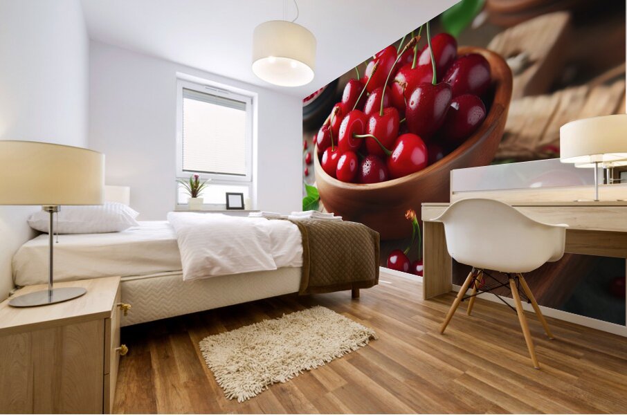 160 Red cherries on wooden board Mural print