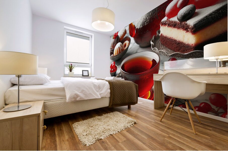 269 Two cups of red tea with cakes and sweets on Mural print