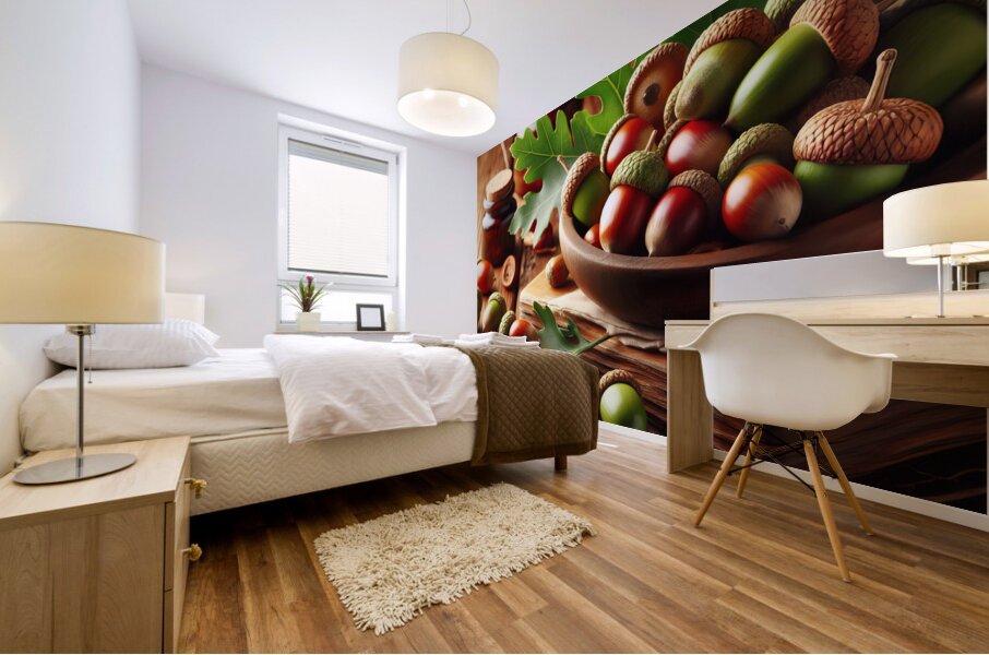 302 acorns and leaves on wooden table with copy s Mural print