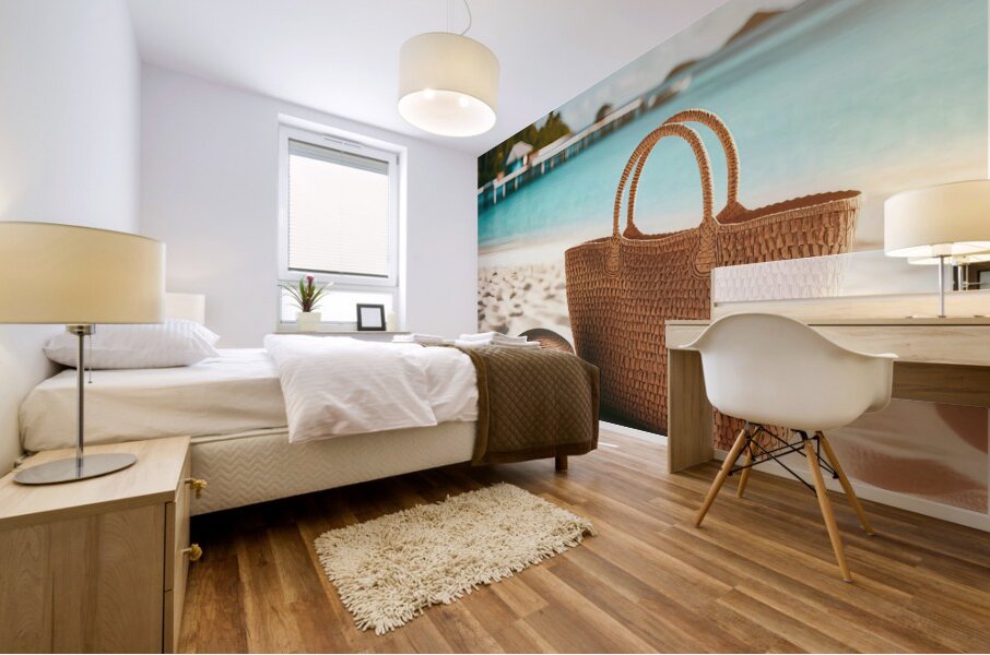 353 Bag with straw hat on the white sand on the t Mural print