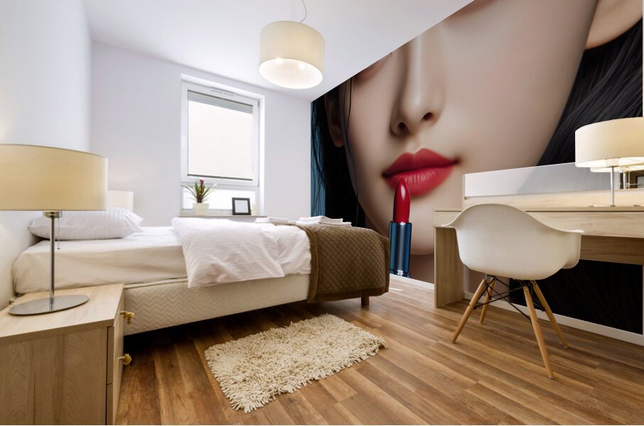 386 Women s red lipstick on blue background femin Mural print