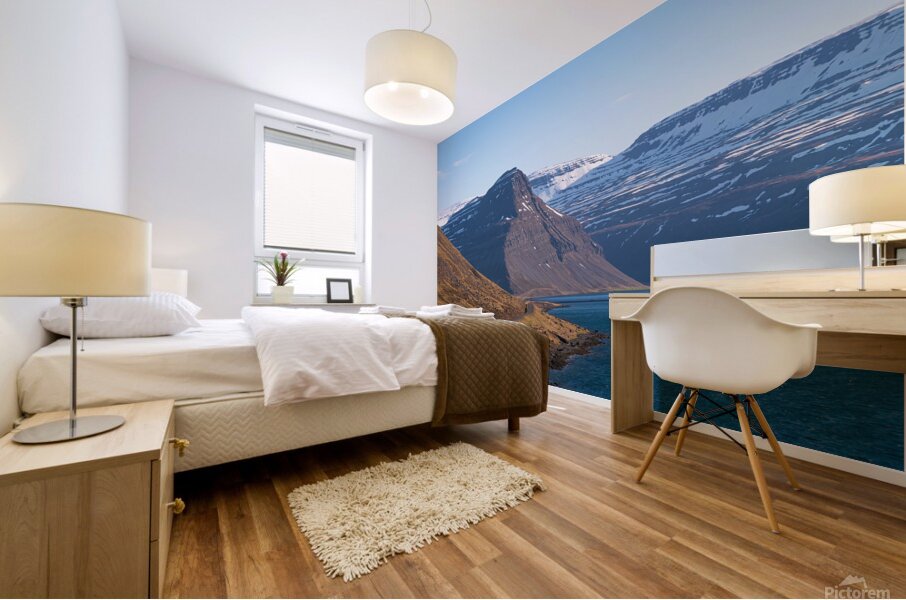 Road in the high arctic nature of Iceland Westfjords. High mountains and glacier Mural print