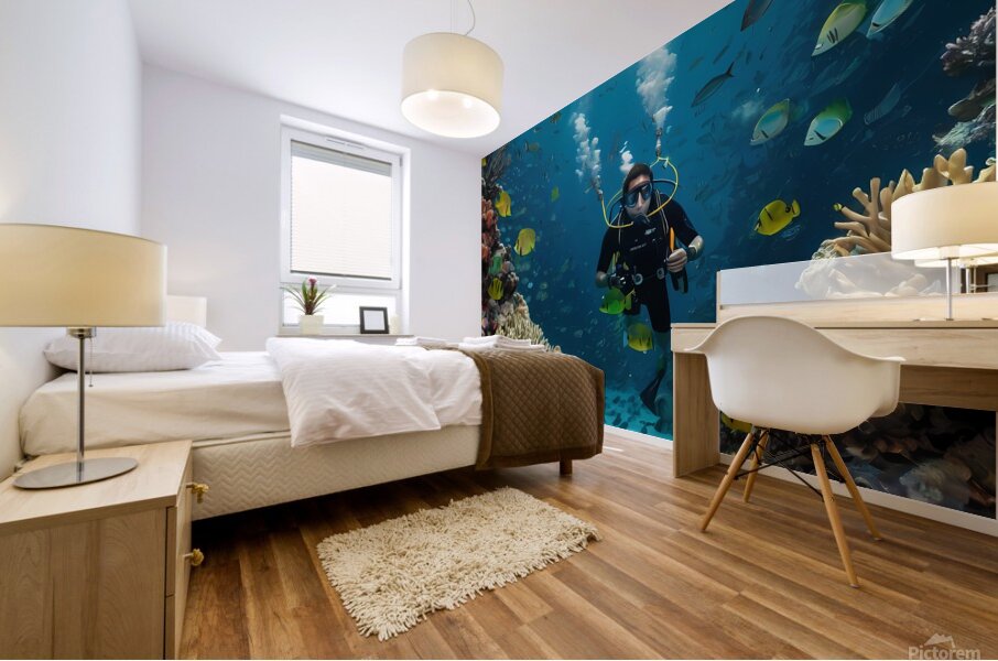 Default The mural is a highquality depiction of an underwater scene featuring a male diver exploring the depths of the ocean Mural print