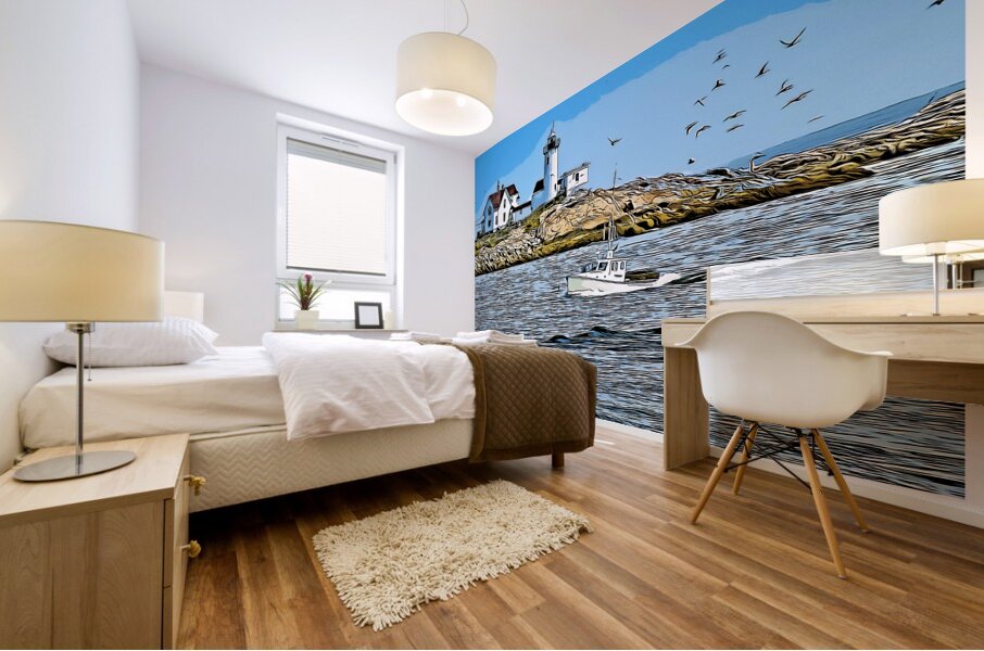 Eastern Point Lighthouse Guides Lobster Boat in Massachusetts - Illus. Mural print