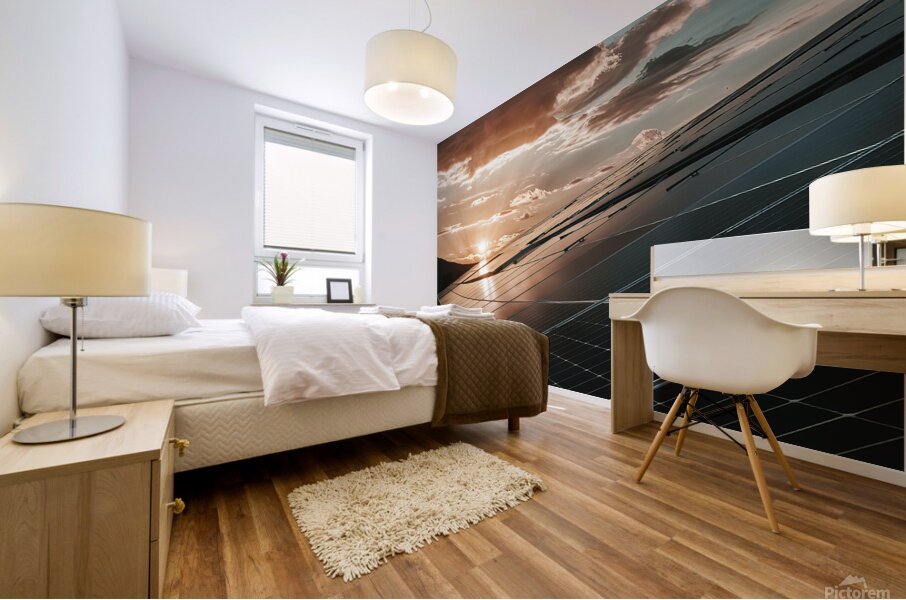 view of a solar photovoltaic cell panels under su Mural print