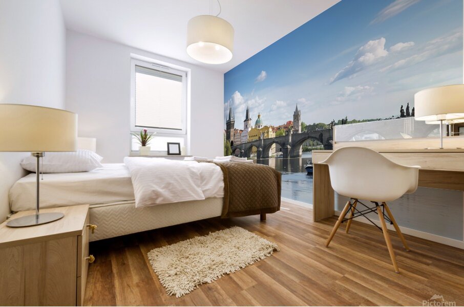 Touristic boat near the Charles bridge in Prague. Mural print