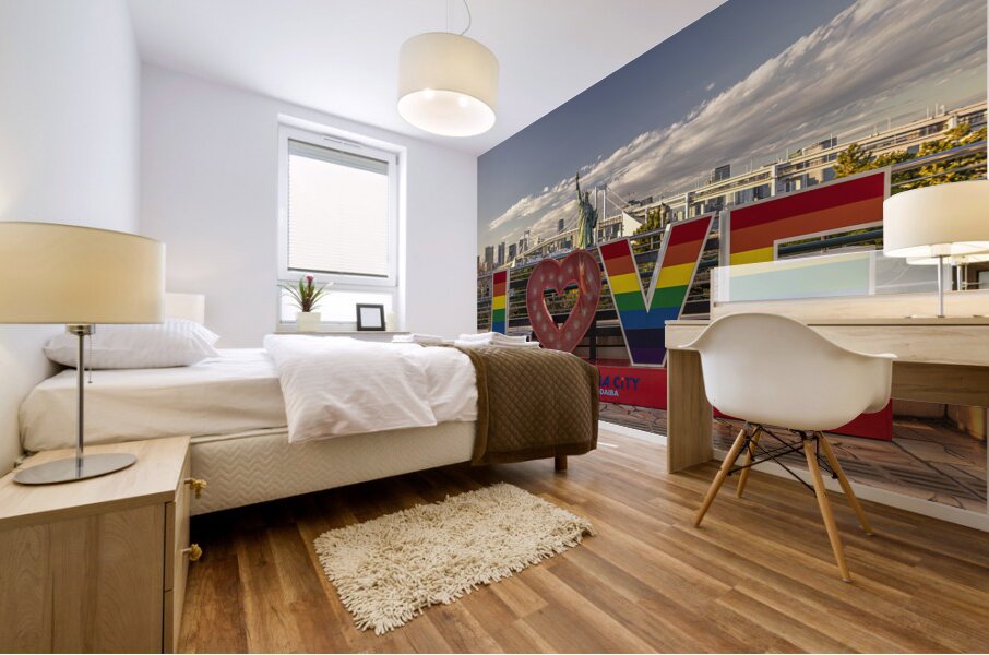 Rainbow love sign standing in front of rainbow bridge  tokyo Mural print