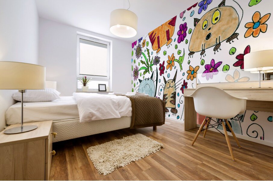 Abstract Floral Doodle Art Cats  Mural print