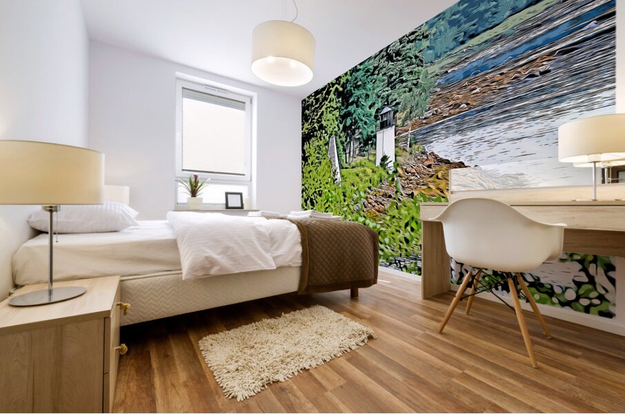 Whitlocks Mill Lighthouse and Fog Tower on River in Northernmost Maine - Illus. Mural print