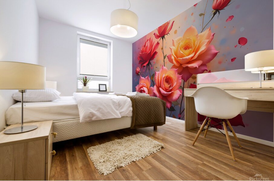 A vibrant painting of numerous roses showcasing delicate petals and shimmering dew creating a romantic atmosphere. Generative Al  Mural print
