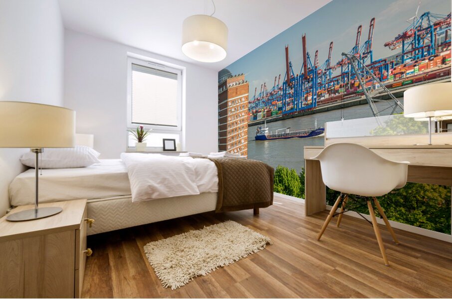 View of the Burchardkai container terminal and ship from Hamburg Övelgönne Germany Mural print