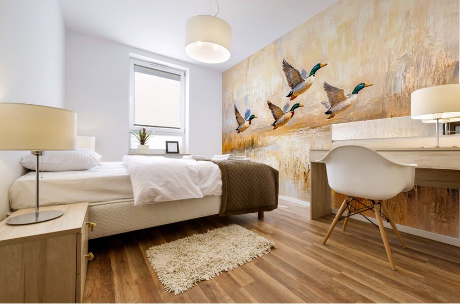 Ducks in Flight Over a Lake Mural print